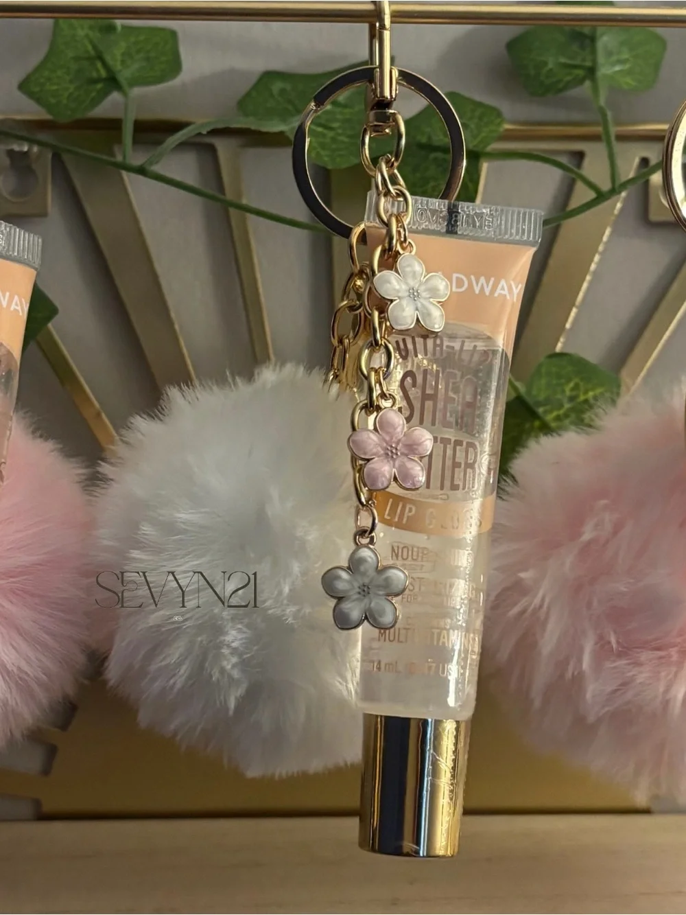 Broadway Shea Butter Lip Gloss Keychain with Pink & White Fur Pom